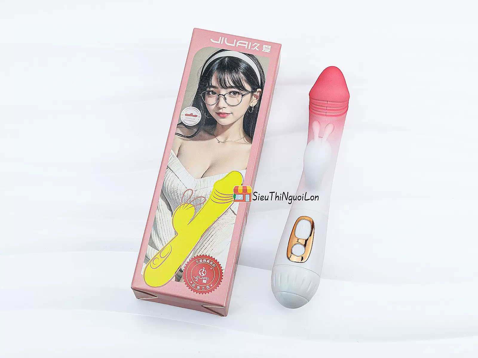 Dương vật giả đa năng có nhánh tai thỏ JIUAI trắng hồng pin sạc