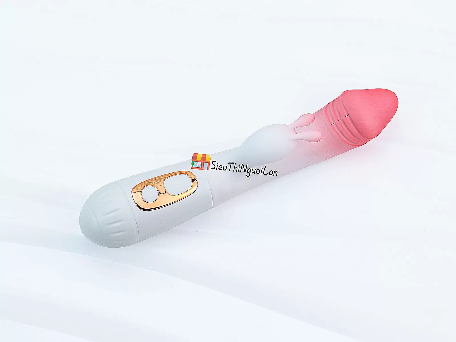 Dương vật giả đa năng có nhánh tai thỏ JIUAI trắng hồng pin sạc