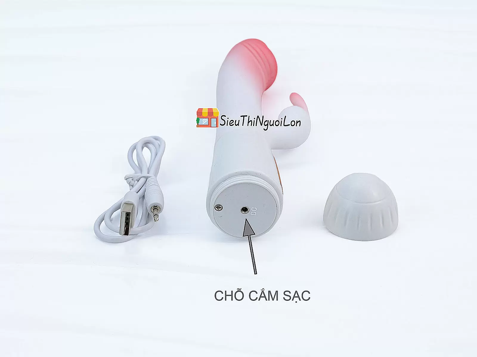 Dương vật giả đa năng có nhánh tai thỏ JIUAI trắng hồng pin sạc