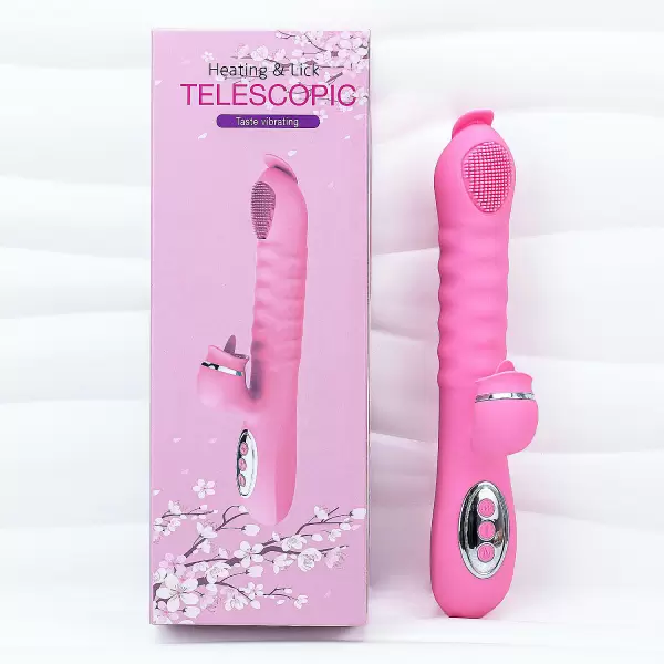 Dương vật giả lưỡi 2 đầu Telescopic liếm, rung, thụt pin sạc, ấm nóng