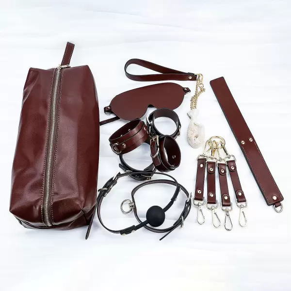 Túi đồ chơi bạo dâm da nâu 8 món