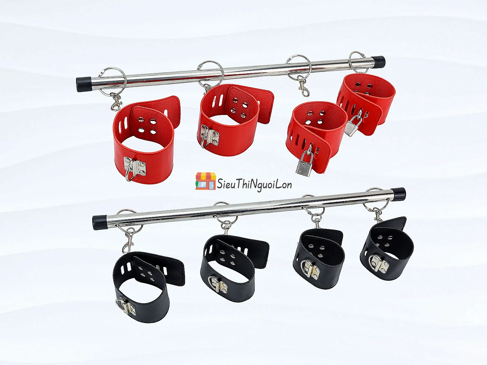 Bộ khóa tay chân đỏ đen – thanh treo inox, da PU